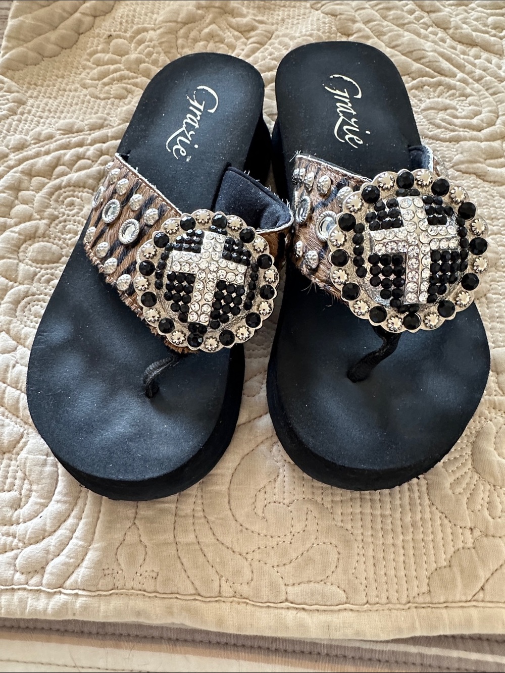 Grazie Black Jeweled Cross Toe-Post Sandals